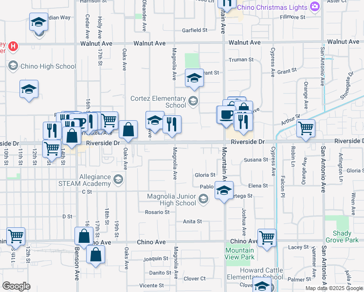 map of restaurants, bars, coffee shops, grocery stores, and more near 6121 Riverside Drive in Chino