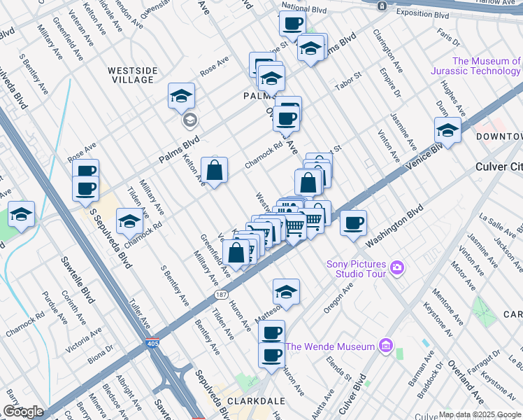 map of restaurants, bars, coffee shops, grocery stores, and more near 3721 Westwood Boulevard in Los Angeles