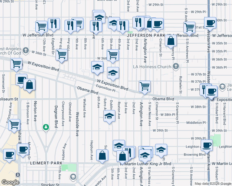 map of restaurants, bars, coffee shops, grocery stores, and more near 2410 Exposition Place in Los Angeles
