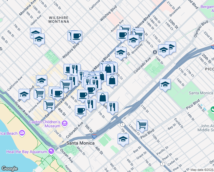 map of restaurants, bars, coffee shops, grocery stores, and more near 1524 10th Street in Santa Monica