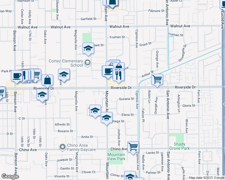 map of restaurants, bars, coffee shops, grocery stores, and more near 6351 Riverside Drive in Chino