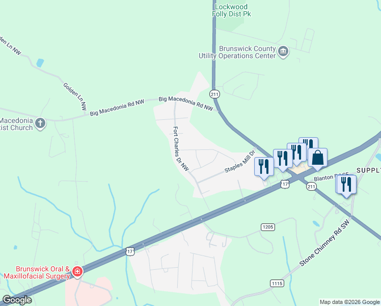 map of restaurants, bars, coffee shops, grocery stores, and more near 108-112 Fort Charles Drive Northwest in Brunswick County