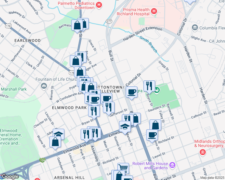 map of restaurants, bars, coffee shops, grocery stores, and more near 1409 Victoria Street in Columbia