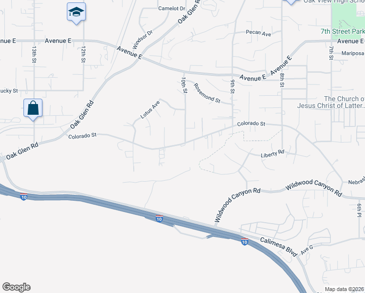map of restaurants, bars, coffee shops, grocery stores, and more near 33293 Colorado Street in Yucaipa