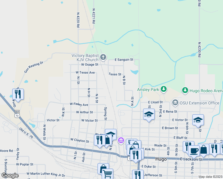 map of restaurants, bars, coffee shops, grocery stores, and more near 1311 North Lambert Street in Hugo