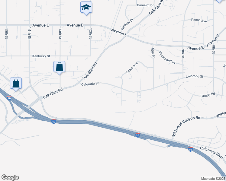 map of restaurants, bars, coffee shops, grocery stores, and more near 33053 Colorado Street in Yucaipa
