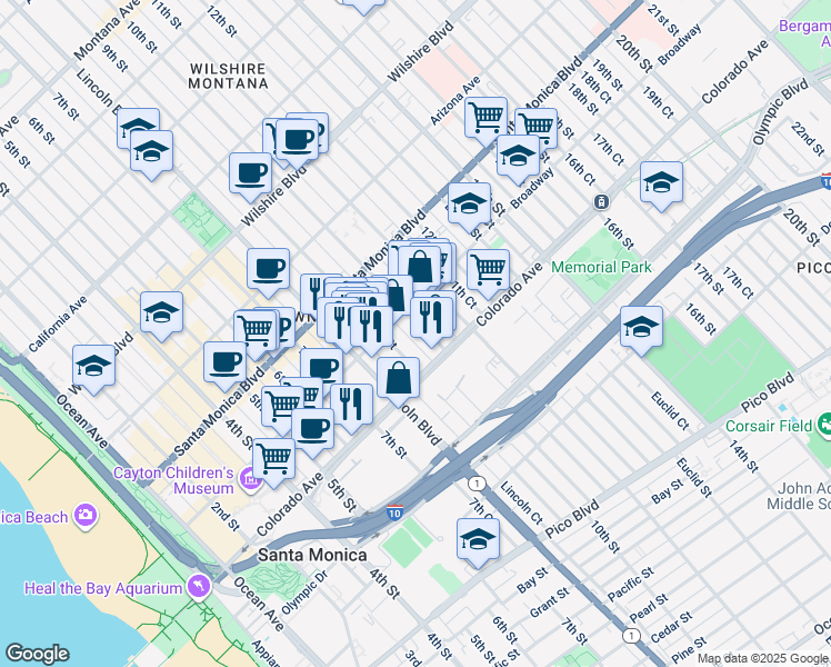 map of restaurants, bars, coffee shops, grocery stores, and more near 1524 10th Street in Santa Monica