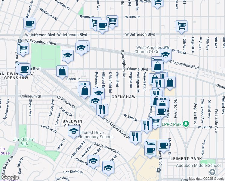 map of restaurants, bars, coffee shops, grocery stores, and more near 3738 South Muirfield Road in Los Angeles