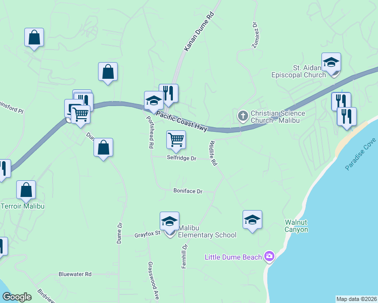 map of restaurants, bars, coffee shops, grocery stores, and more near 28861 Selfridge Drive in Malibu