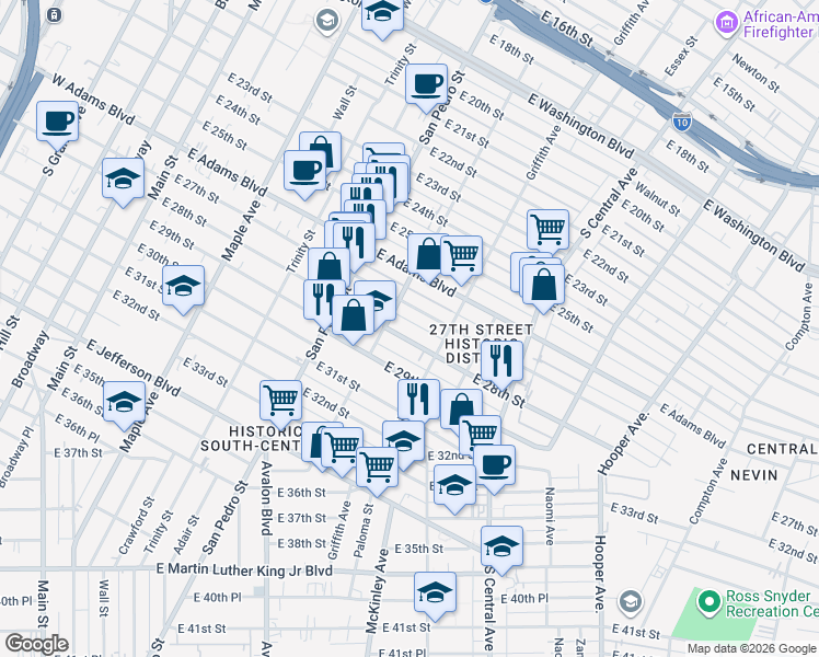 map of restaurants, bars, coffee shops, grocery stores, and more near 824 East 28th Street in Los Angeles
