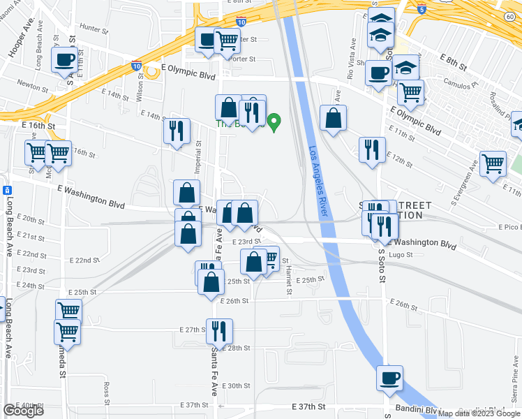 map of restaurants, bars, coffee shops, grocery stores, and more near 2435 East Washington Boulevard in Los Angeles