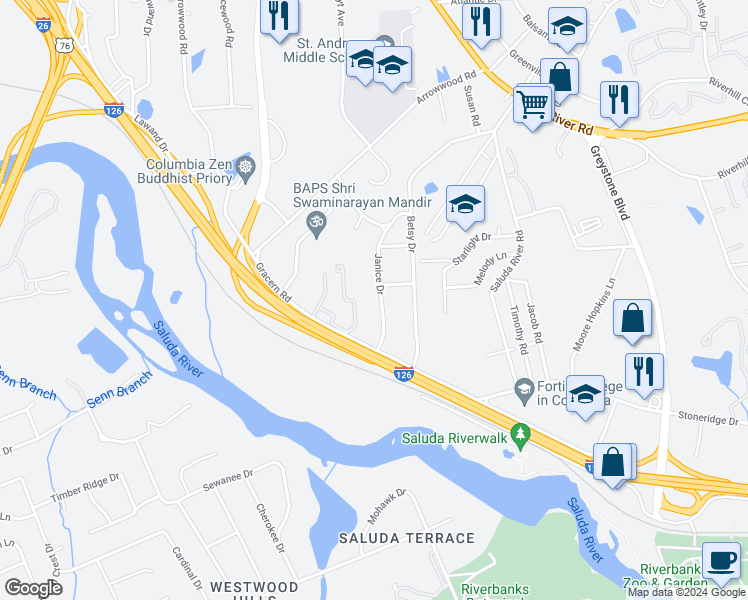 map of restaurants, bars, coffee shops, grocery stores, and more near 753 Janice Drive in Columbia