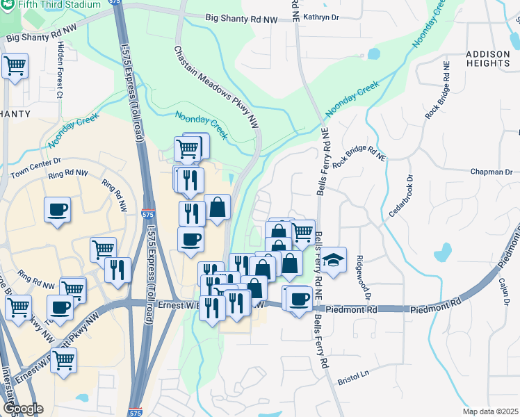 map of restaurants, bars, coffee shops, grocery stores, and more near 26 Hardpan Alley in Marietta