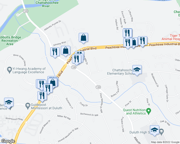 map of restaurants, bars, coffee shops, grocery stores, and more near 3268 River Mill Drive in Duluth