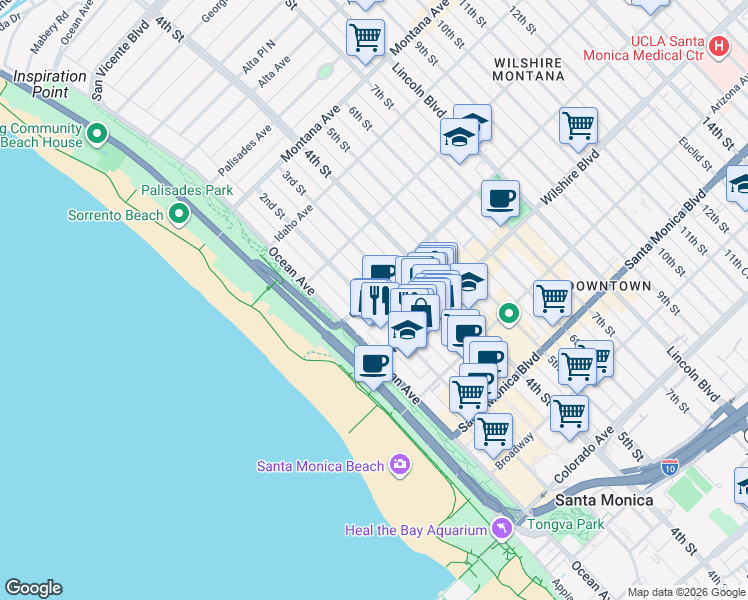 map of restaurants, bars, coffee shops, grocery stores, and more near 206 California Avenue in Santa Monica