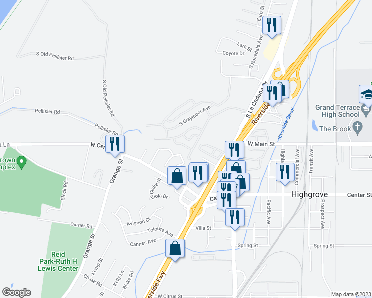 map of restaurants, bars, coffee shops, grocery stores, and more near 3226 Kluk Lane in Riverside