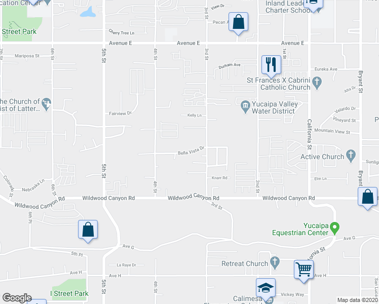 map of restaurants, bars, coffee shops, grocery stores, and more near 34621 Bella Vista Drive in Yucaipa