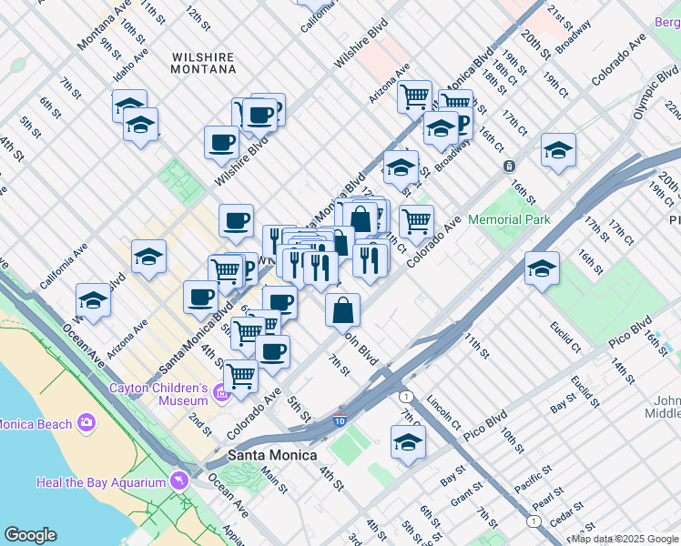 map of restaurants, bars, coffee shops, grocery stores, and more near 1519 9th Street in Santa Monica
