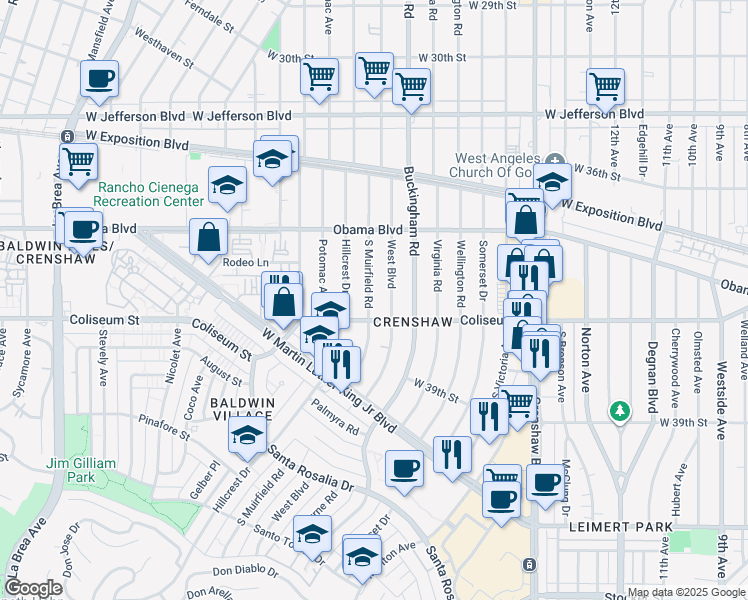 map of restaurants, bars, coffee shops, grocery stores, and more near 3738 South Muirfield Road in Los Angeles