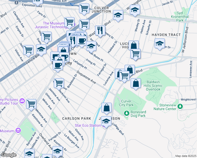 map of restaurants, bars, coffee shops, grocery stores, and more near 4221 Duquesne Avenue in Culver City