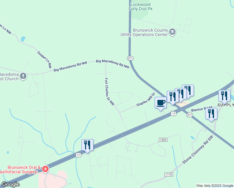 map of restaurants, bars, coffee shops, grocery stores, and more near 107 Maymont Street Northwest in Brunswick County