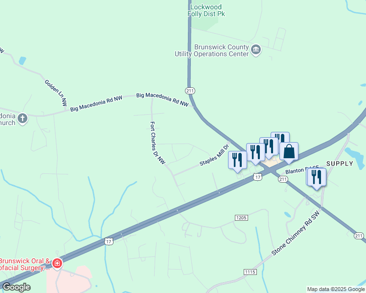 map of restaurants, bars, coffee shops, grocery stores, and more near 133 Maymont Street Northwest in Brunswick County