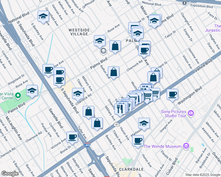 map of restaurants, bars, coffee shops, grocery stores, and more near 3626 Veteran Avenue in Los Angeles