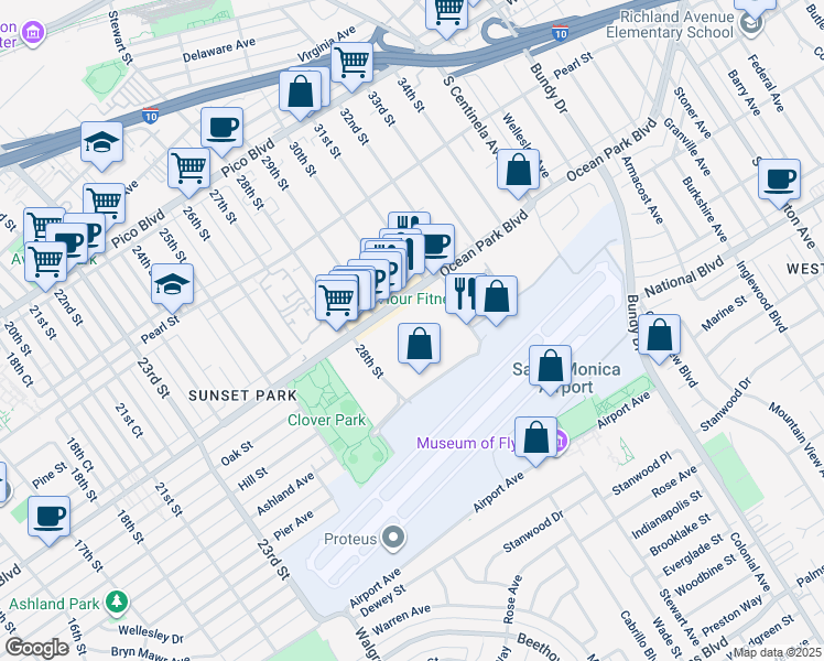 map of restaurants, bars, coffee shops, grocery stores, and more near 3010 Ocean Park Boulevard in Santa Monica