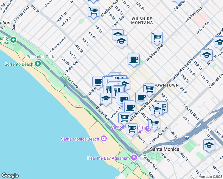 map of restaurants, bars, coffee shops, grocery stores, and more near 1149 3rd Street in Santa Monica