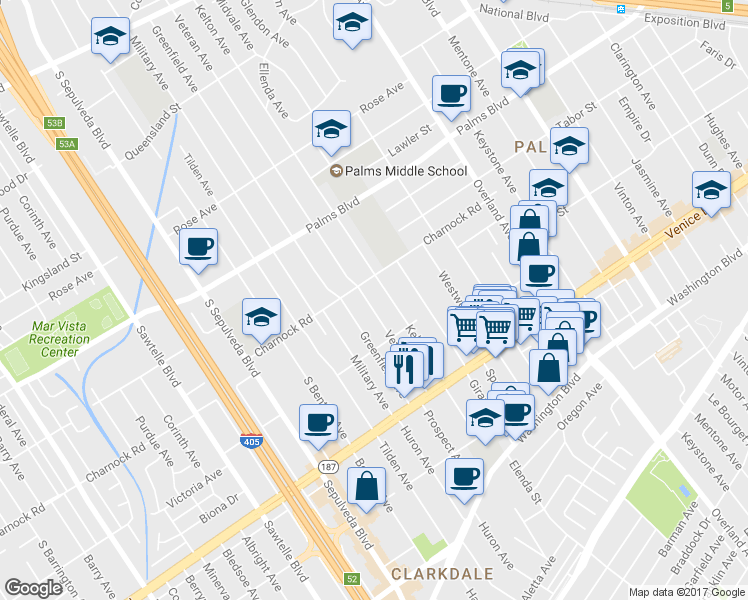 map of restaurants, bars, coffee shops, grocery stores, and more near 3626 Veteran Avenue in Los Angeles