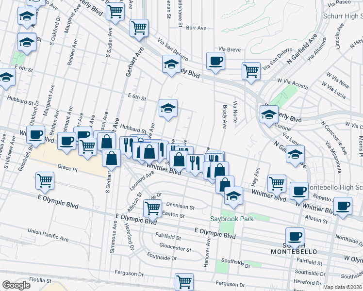 map of restaurants, bars, coffee shops, grocery stores, and more near 734 School Avenue in Los Angeles