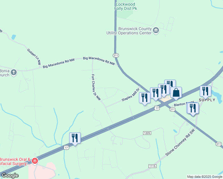 map of restaurants, bars, coffee shops, grocery stores, and more near 133 Maymont Street Northwest in Brunswick County