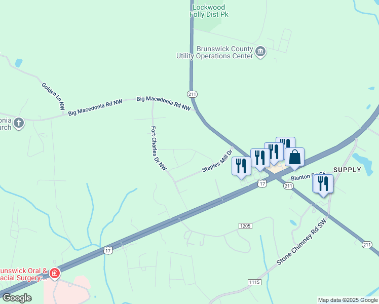 map of restaurants, bars, coffee shops, grocery stores, and more near 270 Ocean Highway West in Brunswick