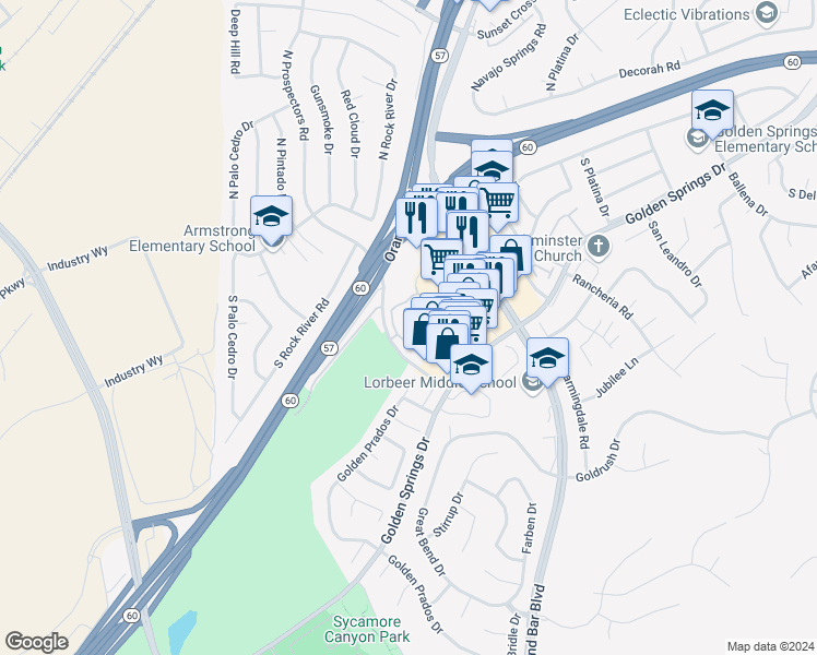map of restaurants, bars, coffee shops, grocery stores, and more near 300 South Prospectors Road in Diamond Bar