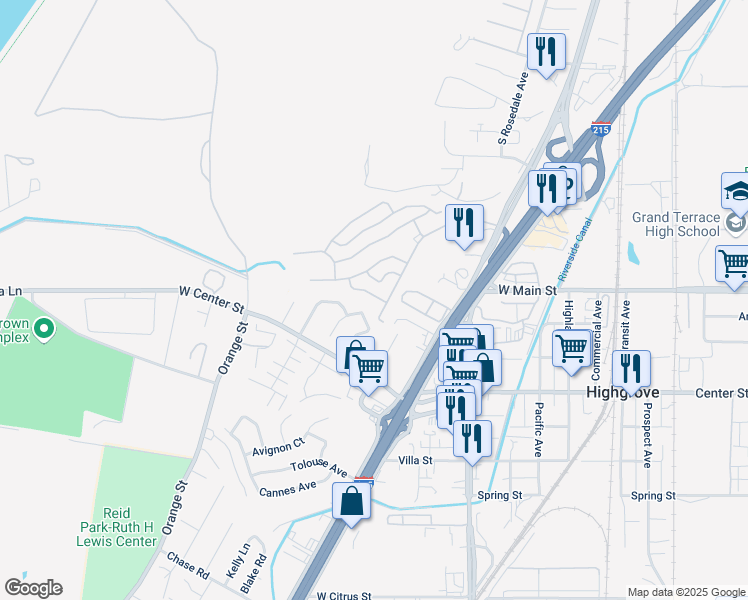 map of restaurants, bars, coffee shops, grocery stores, and more near 3226 Kluk Lane in Riverside