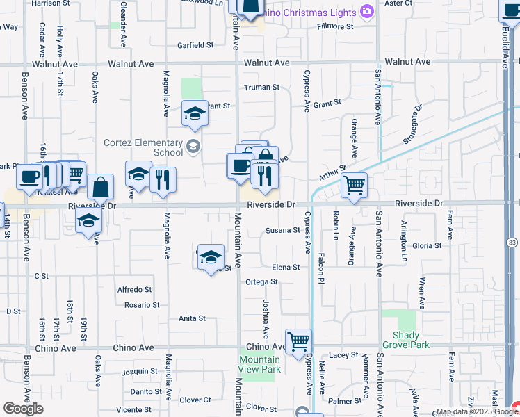 map of restaurants, bars, coffee shops, grocery stores, and more near 6351 Riverside Drive in Chino