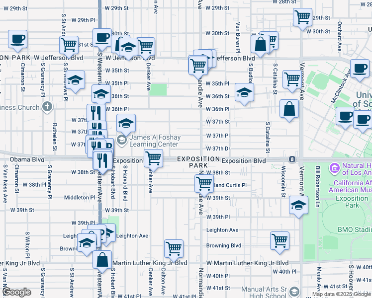 map of restaurants, bars, coffee shops, grocery stores, and more near 1351 Exposition Boulevard in Los Angeles