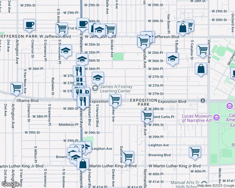 map of restaurants, bars, coffee shops, grocery stores, and more near 3770 Dalton Avenue in Los Angeles