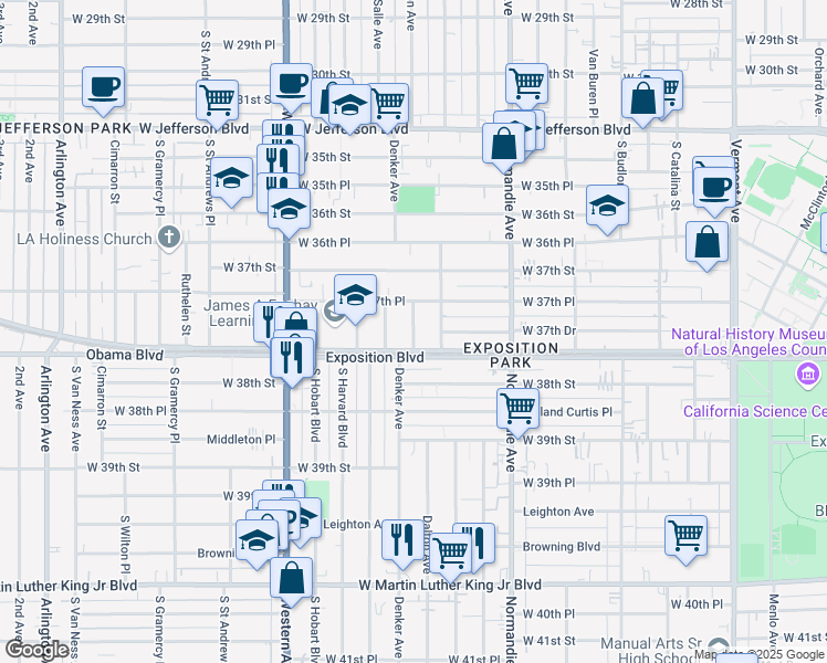 map of restaurants, bars, coffee shops, grocery stores, and more near 3770 Dalton Avenue in Los Angeles