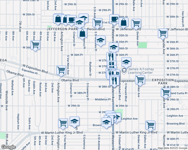 map of restaurants, bars, coffee shops, grocery stores, and more near 1763 Exposition Boulevard in Los Angeles