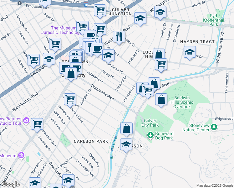 map of restaurants, bars, coffee shops, grocery stores, and more near 4221 Duquesne Avenue in Culver City