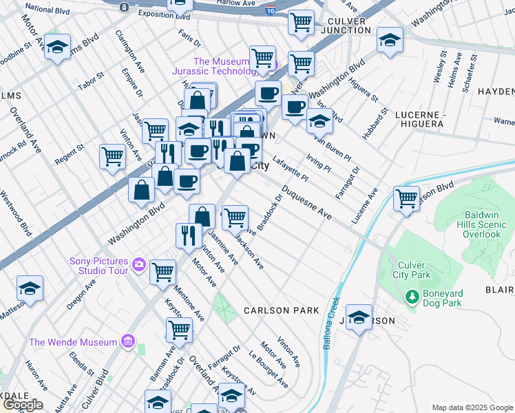 map of restaurants, bars, coffee shops, grocery stores, and more near 4055 Madison Avenue in Culver City
