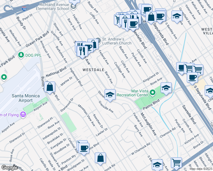 map of restaurants, bars, coffee shops, grocery stores, and more near 3245 South Barrington Avenue in Los Angeles