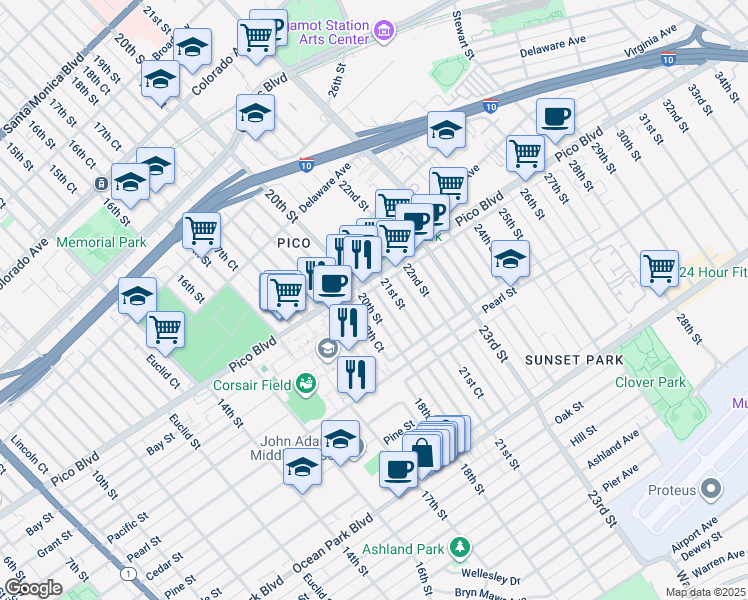 map of restaurants, bars, coffee shops, grocery stores, and more near 2201 20th Street in Santa Monica