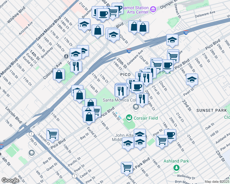 map of restaurants, bars, coffee shops, grocery stores, and more near 1963 17th Court in Santa Monica