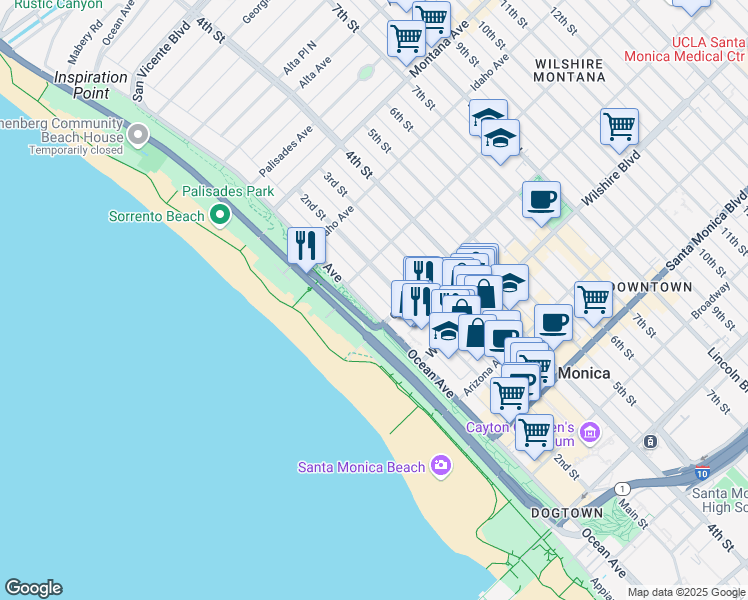 map of restaurants, bars, coffee shops, grocery stores, and more near 101 California Avenue in Santa Monica