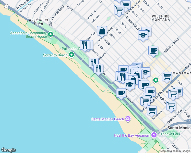 map of restaurants, bars, coffee shops, grocery stores, and more near 964 Palisades Beach Road in Santa Monica