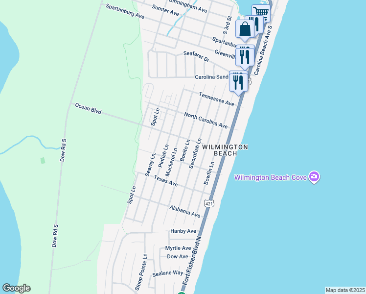 map of restaurants, bars, coffee shops, grocery stores, and more near 1416 Bonito Lane in Carolina Beach