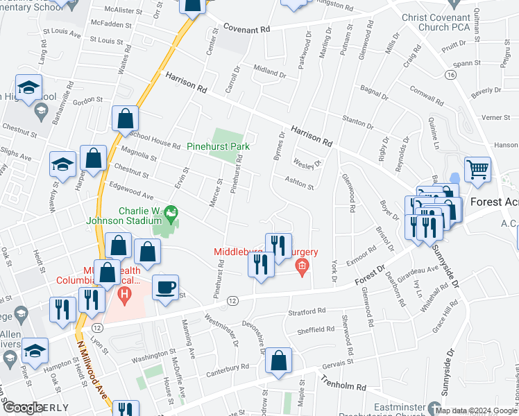 map of restaurants, bars, coffee shops, grocery stores, and more near 14 Devonshire Drive in Columbia