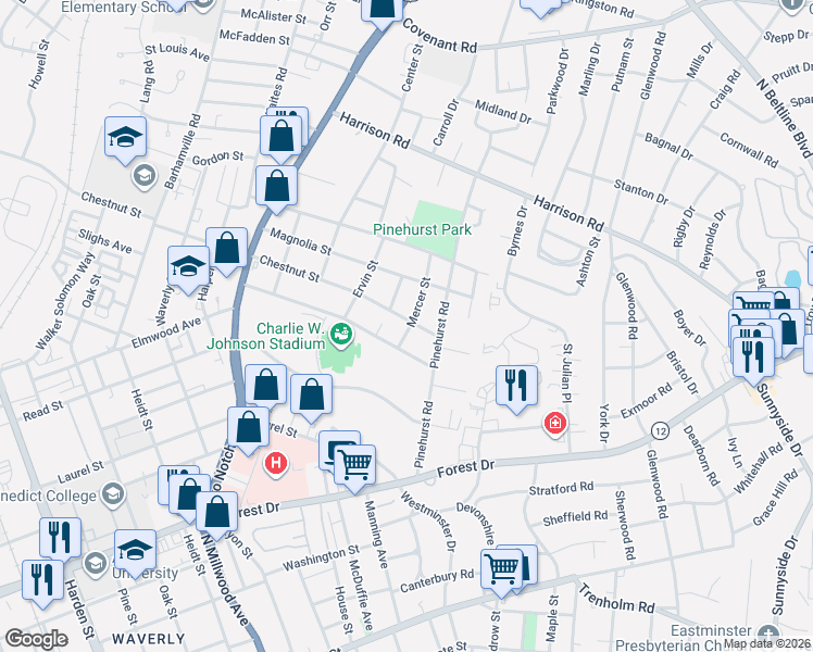 map of restaurants, bars, coffee shops, grocery stores, and more near 2924 Chestnut Street in Columbia